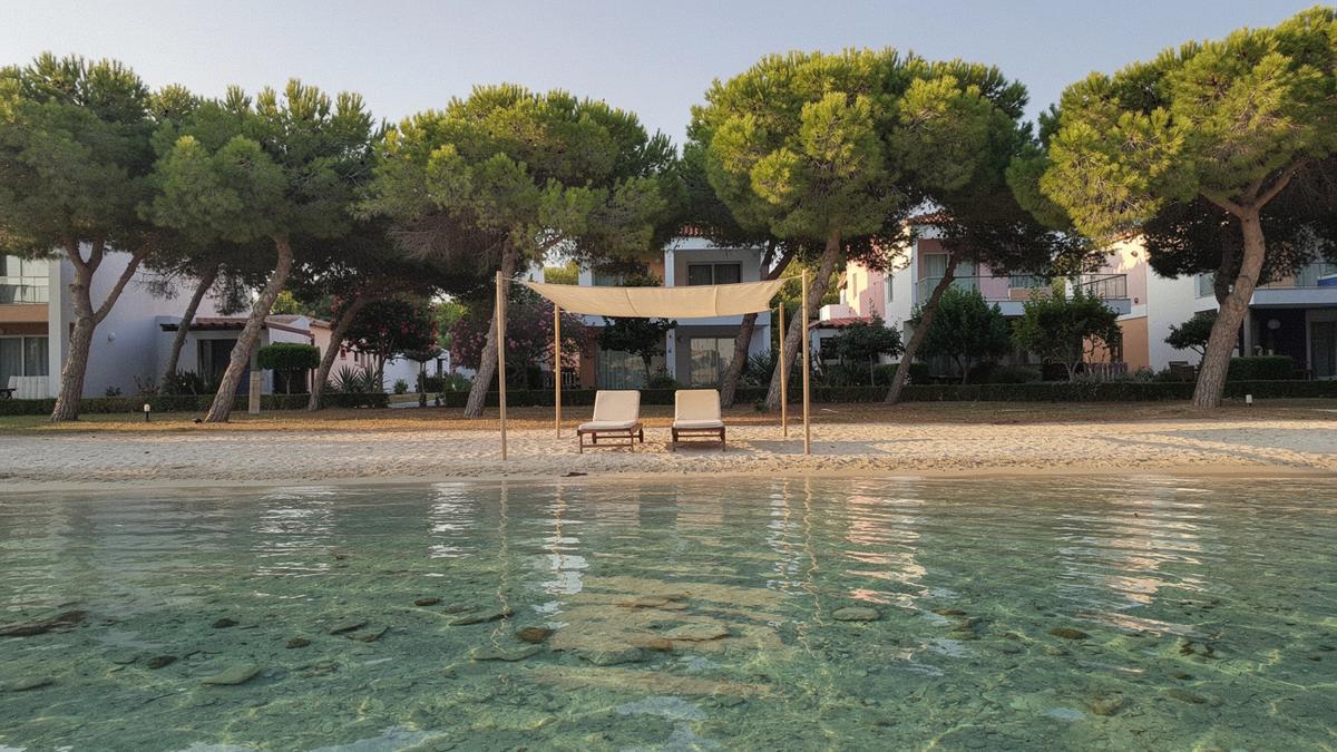 Shallow lagoon at a low-rise family resort near Side, Antalya province, in June