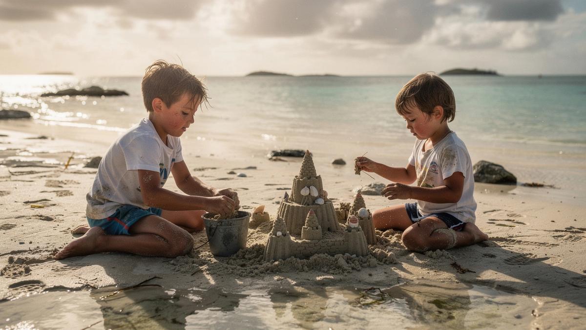 Two children building a sandcastle on a shallow beach at low tide